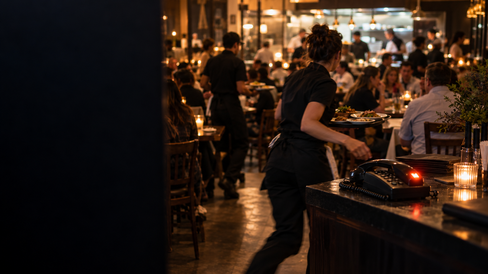 Restaurant server carrying an order toward a ringing phone