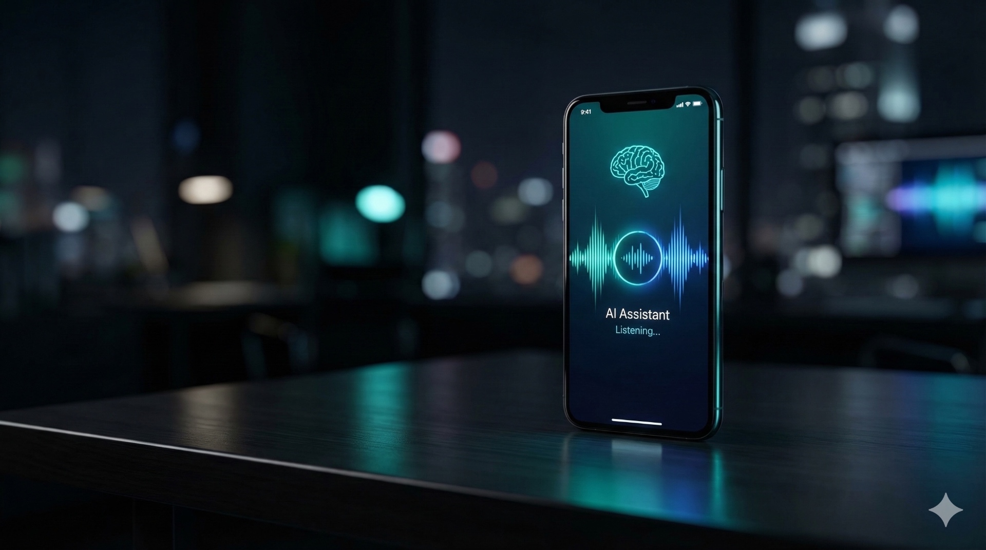 Smartphone with AI voice assistant showing teal waveforms on a dark desk