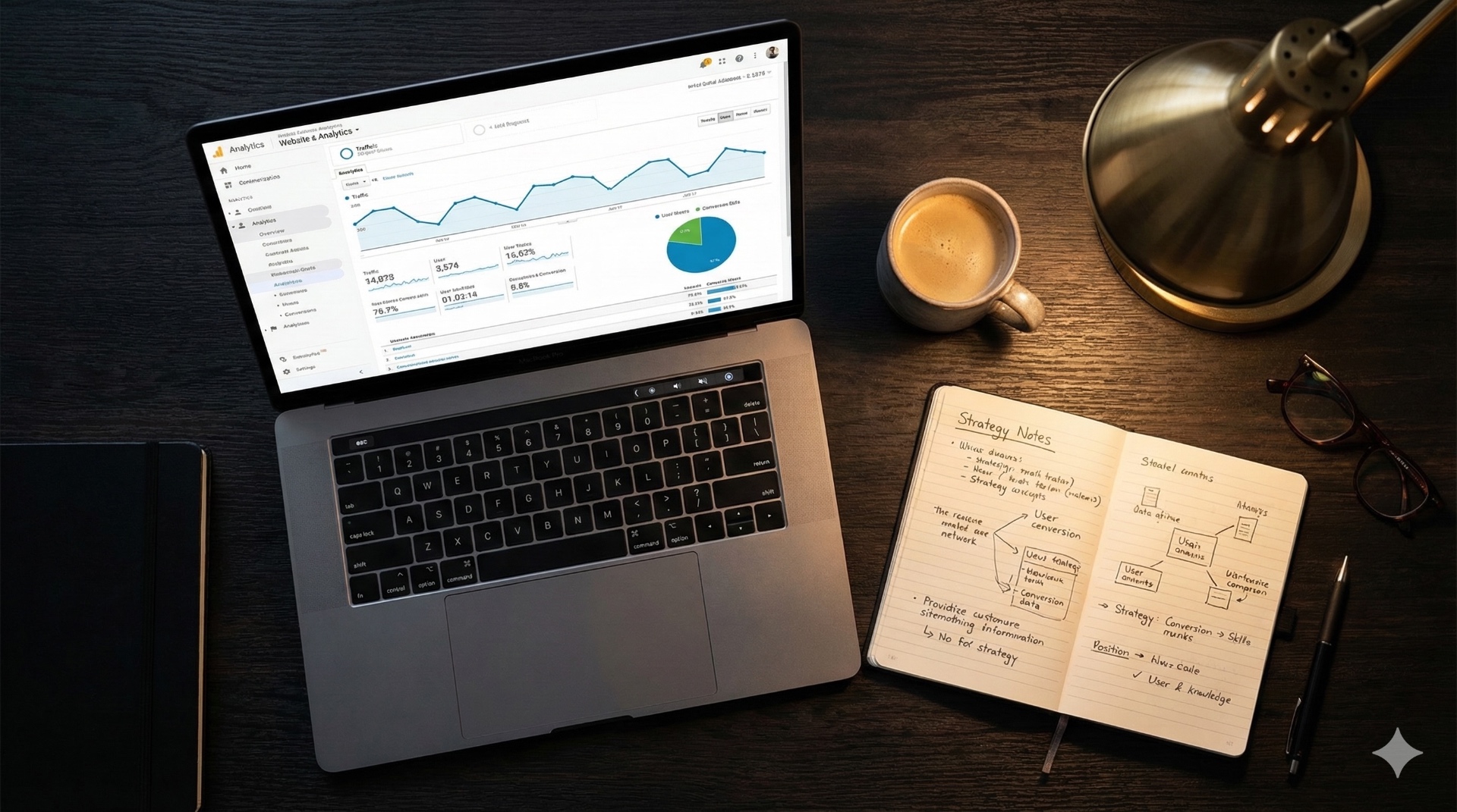 Laptop with analytics dashboard and strategy notebook
